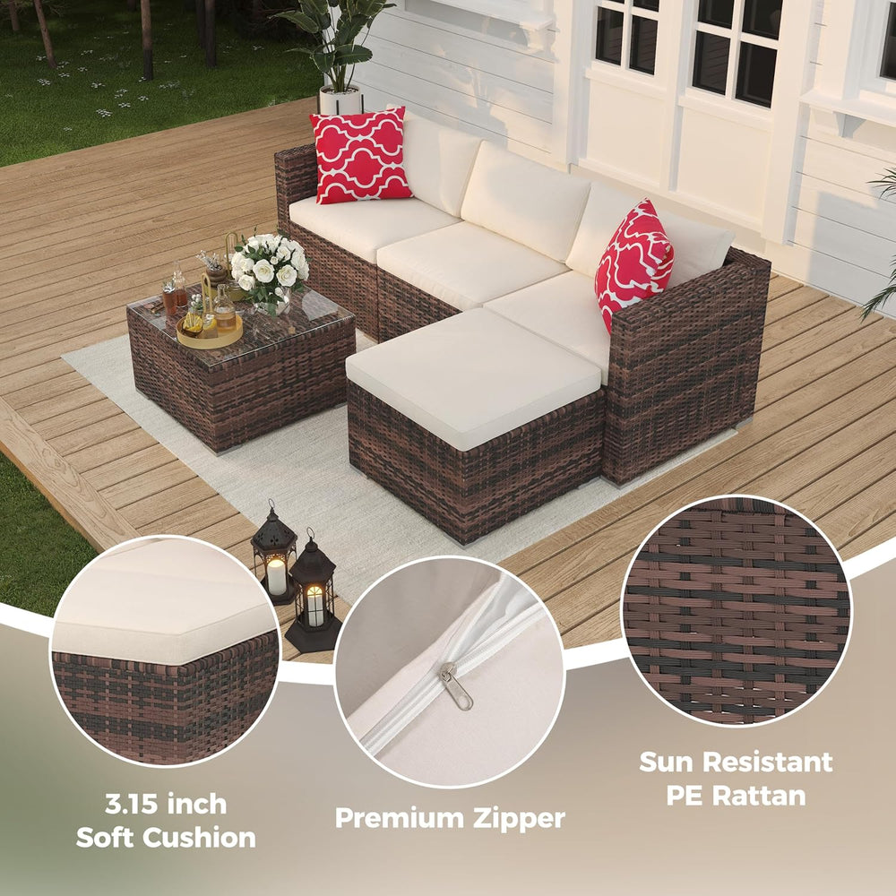 Outdoor Patio Furniture Set, 5 Pieces All-Weather Wicker Sectional Conversati...