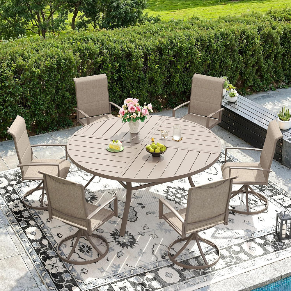 DIFY 7 Piece Outdoor Dining Set, 53.1" Round Table & 6 Chairs, Sands...
