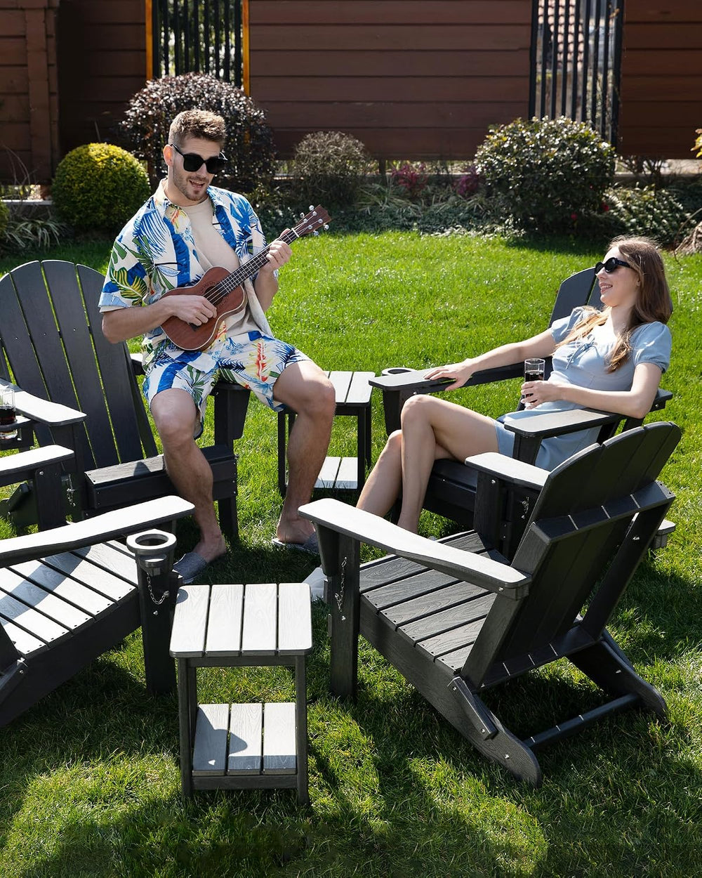 Folding Adirondack Chair, Wood Texture, Weather Resistant(Grey)