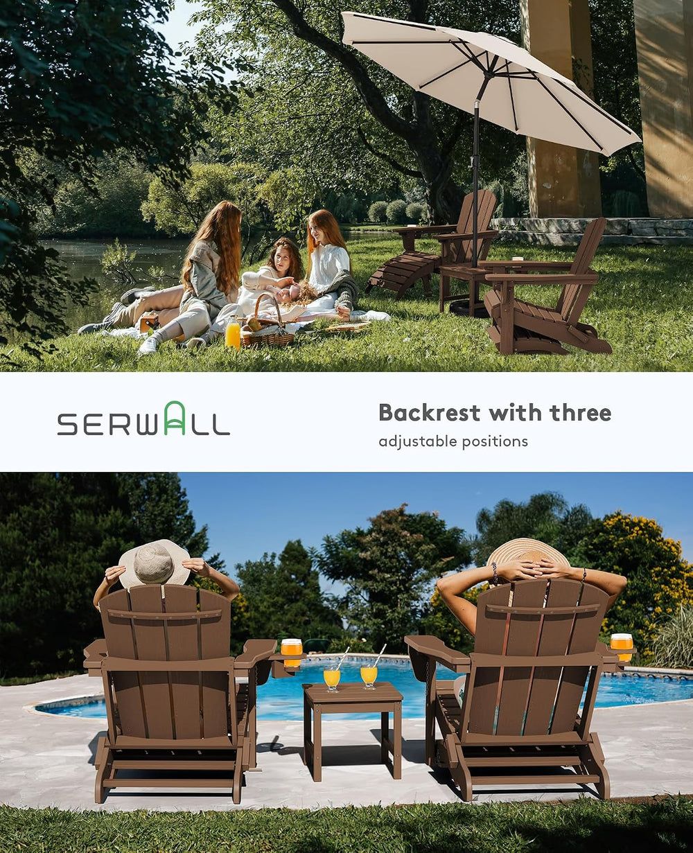 SERWALL 5-Piece HDPE Adirondack Chair and Ottoman and Table Set, Brown