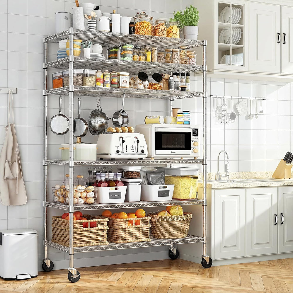 Romorgniz 6-Tier Rolling Storage Shelves with Locking Wheels, Garage Chrome