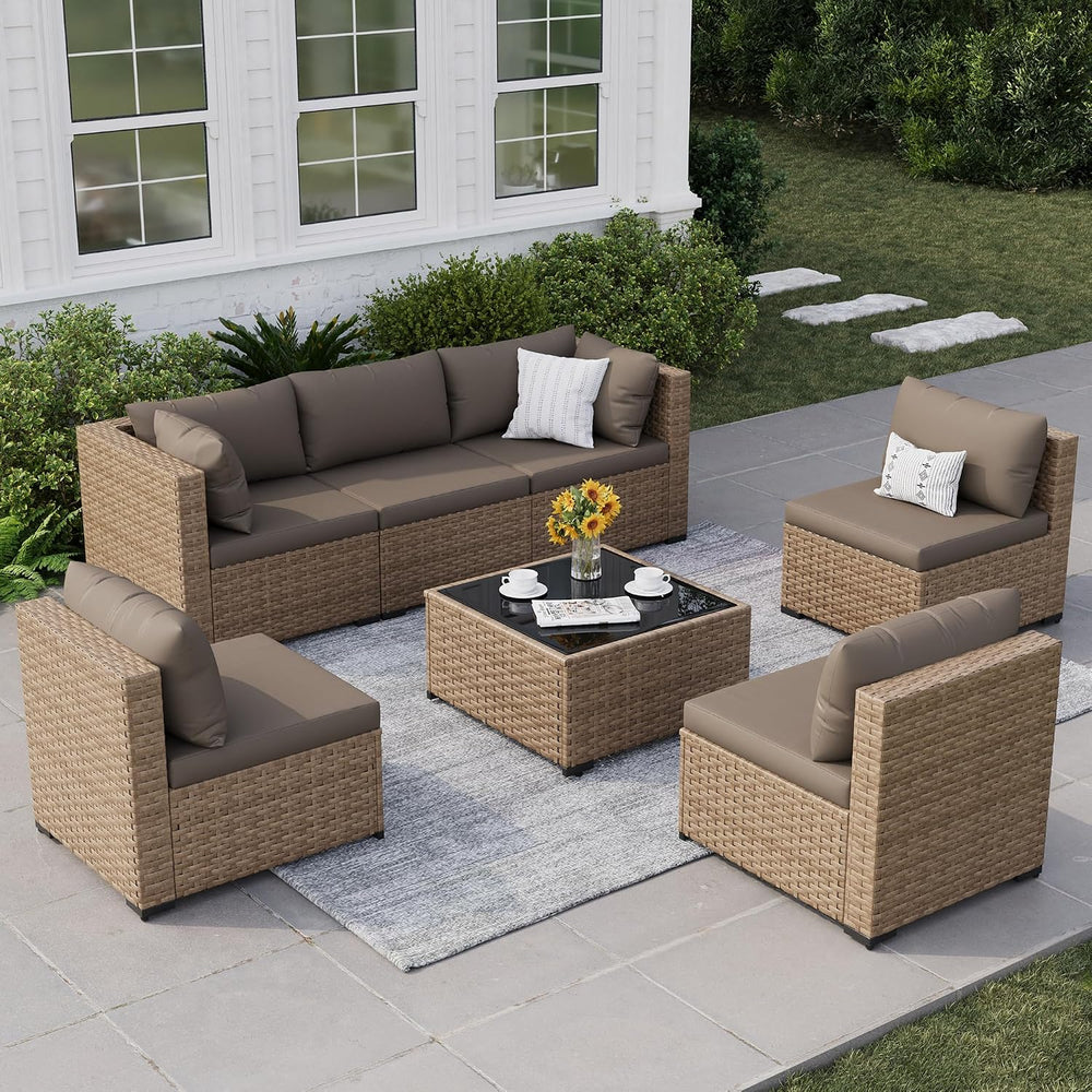 Patio Furniture Set, 7-Piece Outdoor Wicker Sectional Sofa, Brown