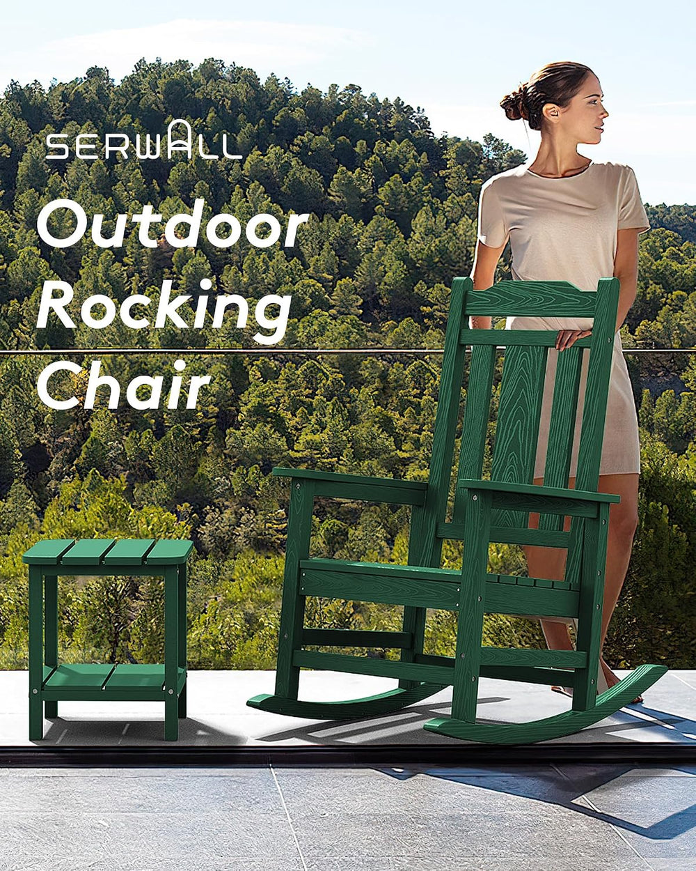 SERWALL HDPE Oversized Outdoor Rocking Chairs Set of 4, Patio Rocker, Green