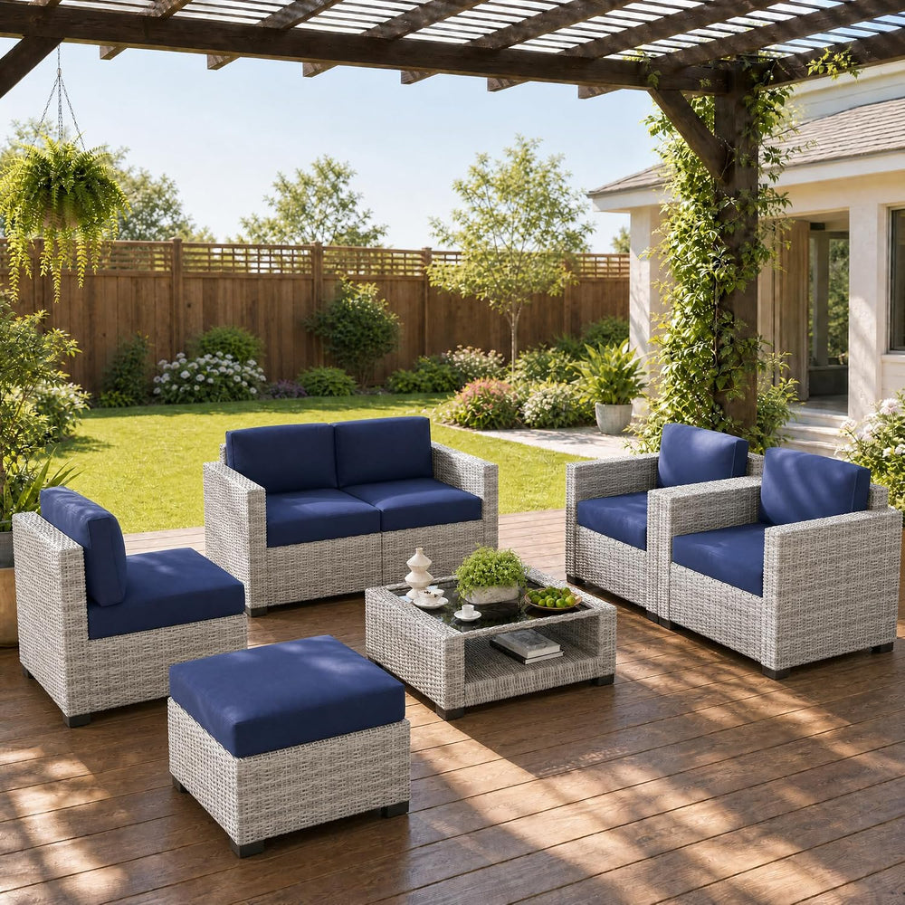 LOUVIXA 7 Piece Outdoor Patio Furniture Set, Rattan Chairs Glass Table Wicker...