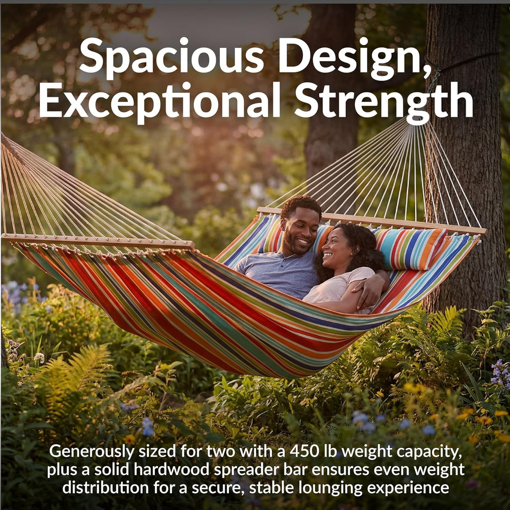Sunnydaze Quilted Double Hammock for Outside with Pillow, Caribbean Stripe