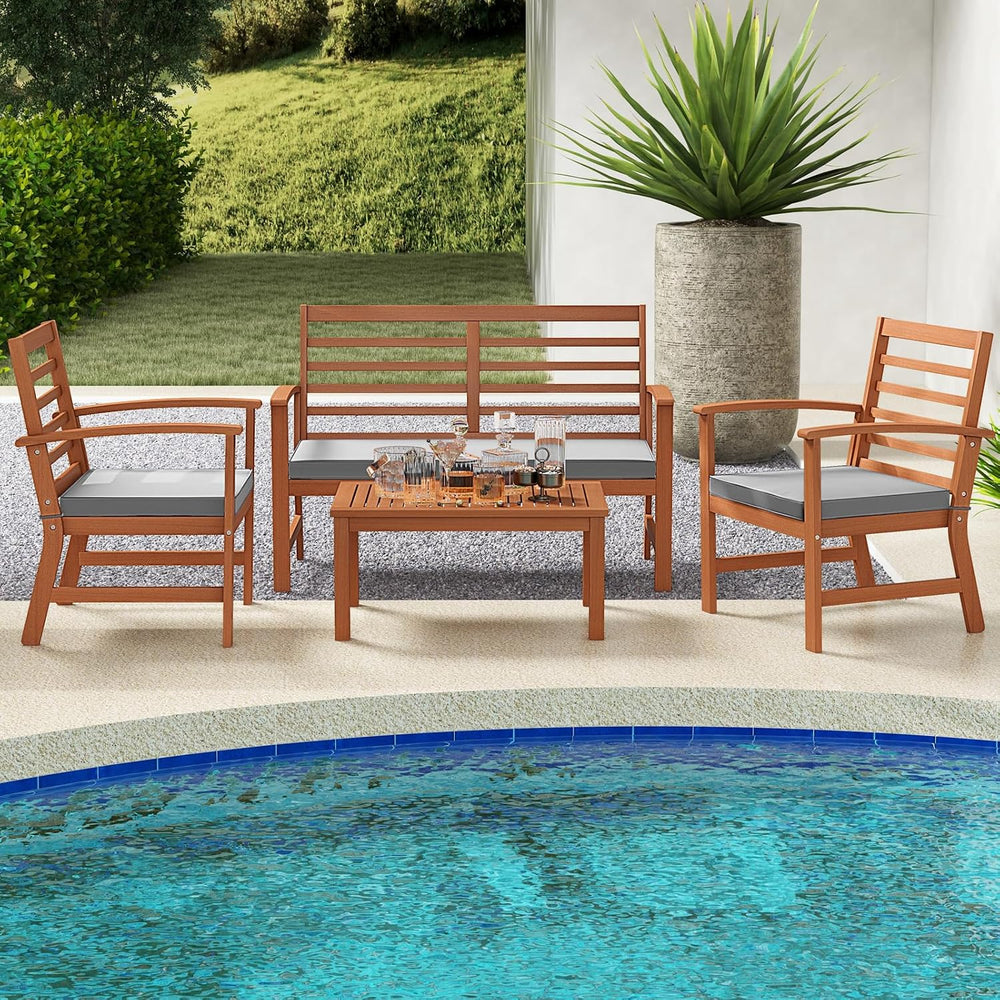 Tangkula 4 Pieces Outdoor Furniture Set, Acacia Wood Conversation Set w/Soft ...