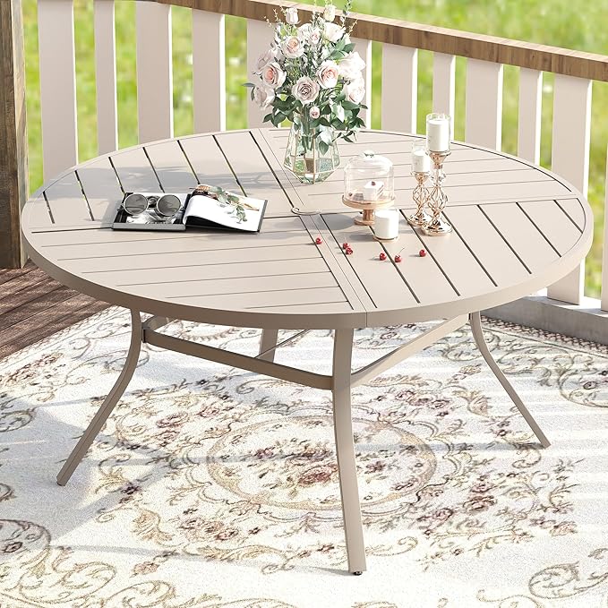 VICLLAX Round Patio Table with Adjustable Umbrella Hole for 8, All Weather Me...