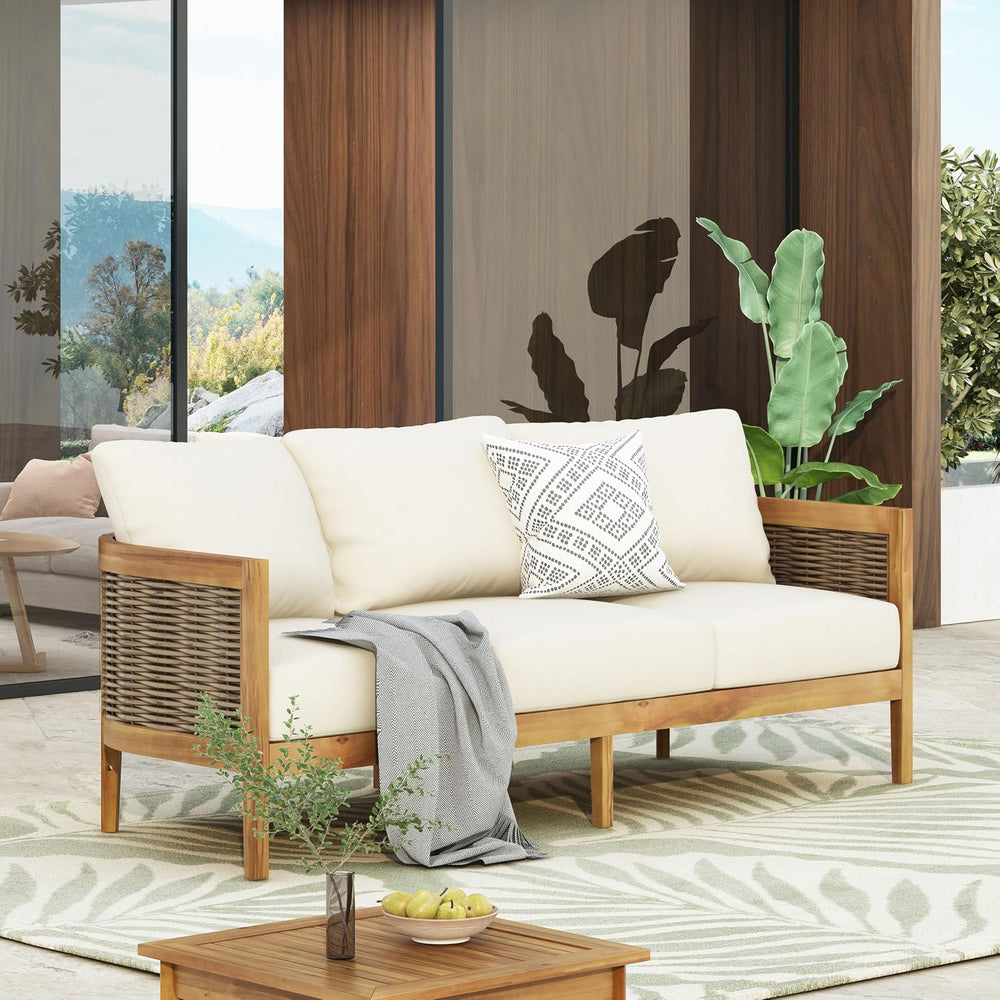 Merax 76.5" Outdoor Acacia Wood Wicker 3 Seater Sofa, Patio Furniture Co...