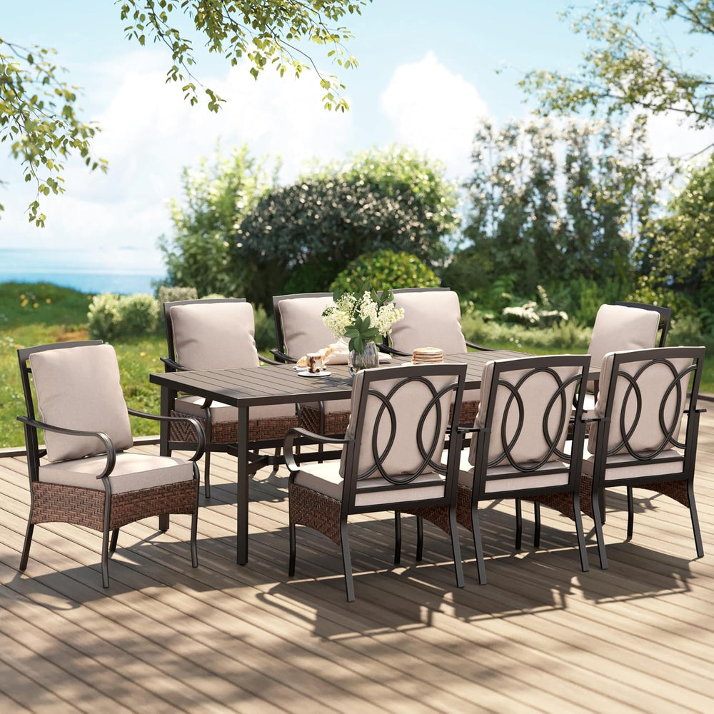 PHI VILLA 9pc Outdoor Dining Set, 83" Rectangular Table, Wicker Chairs