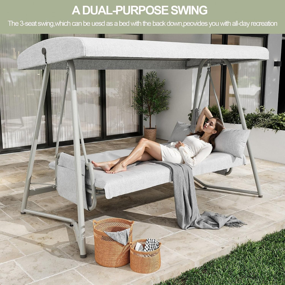 3-4 Person Oversized Outdoor Porch Swing with Adjustable Backrest Canopy,2-in...