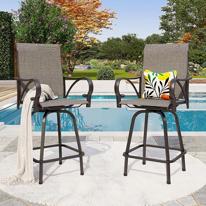 PHI VILLA Outdoor Bar Stools Swivel Set of 2, Outdoor Bar Height Tall Patio C...