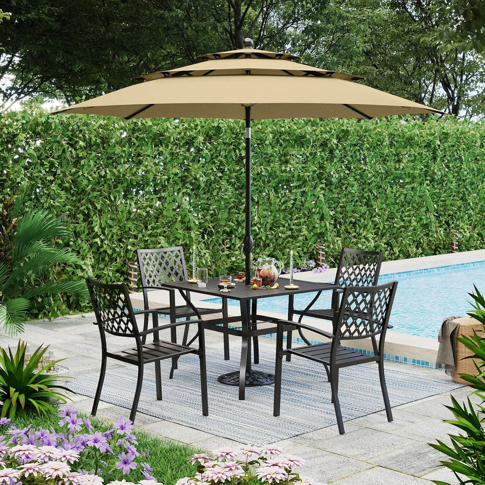 PHI VILLA 5 PCS Patio Dining Set w/ 10ft 3 Tier Umbrella(Beige)