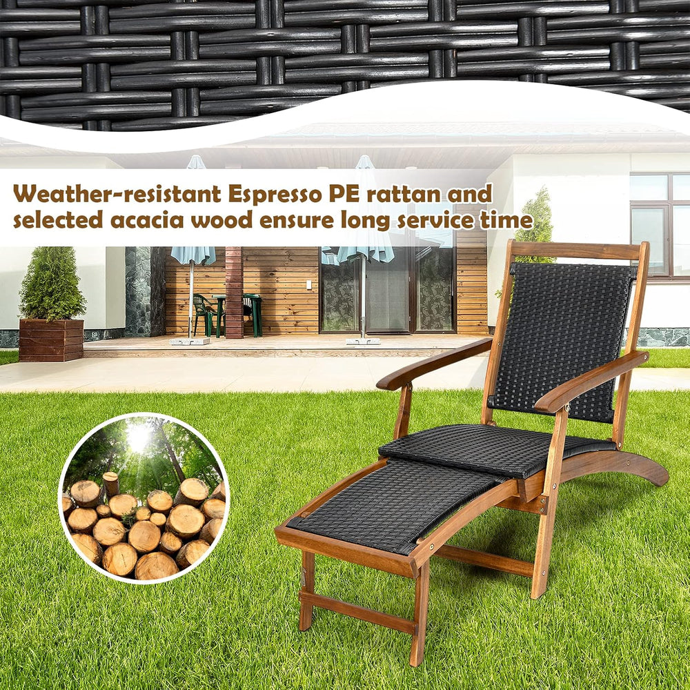 COSTWAY Patio Folding Rattan Lounge Chair, Acacia Solid Wood Frame