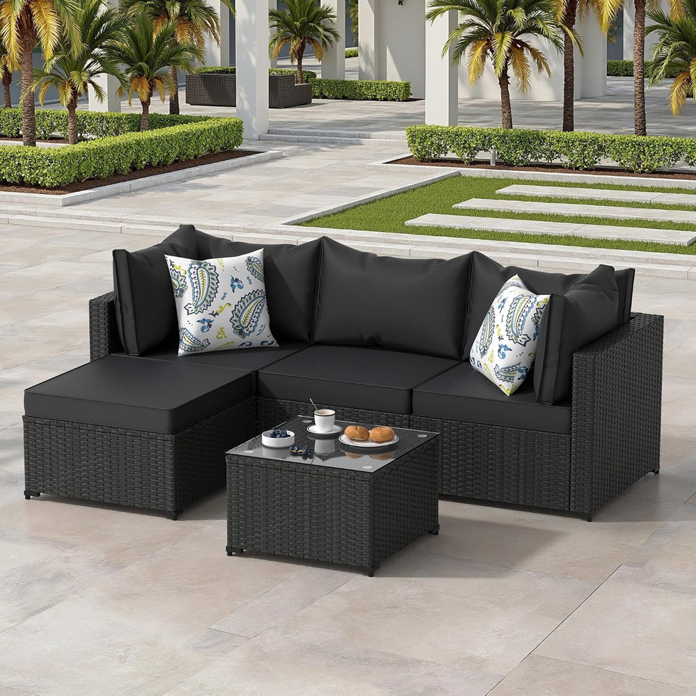 Patio Furniture Set, 5PCS Outdoor Sectional w/ Ottoman & Cushion, Black