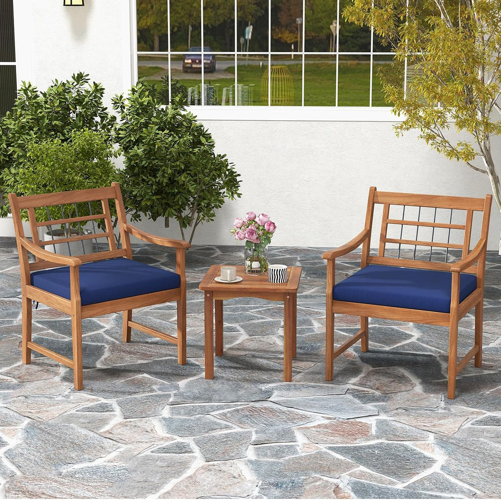 Tangkula 3 Piece Wood Patio Furniture Set, Outdoor Bistro Set w/Soft Seat Cus...