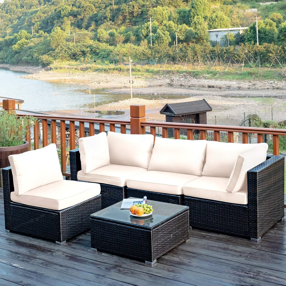 Tangkula 5 Pieces Patio Furniture Set, All Weather Wicker L-Shaped Corner Sof...