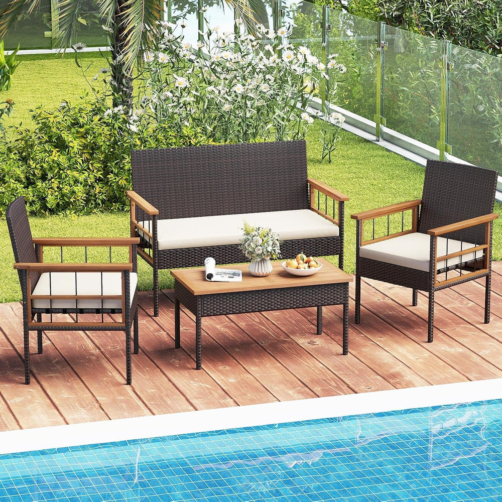 Tangkula 4 Pieces Wicker Patio Conversation Furniture Set, Outdoor Rattan Cus...