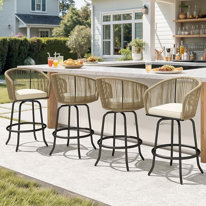 DWVO Outdoor Counter Height Bar Stools Set of 4, Patio Swivel Bar Chairs with...