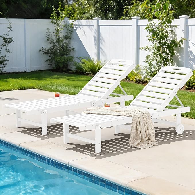 SERWALL Outdoor Chaise Lounge Set of 2, All-Weather HDPE Pool Lounge Chairs w...
