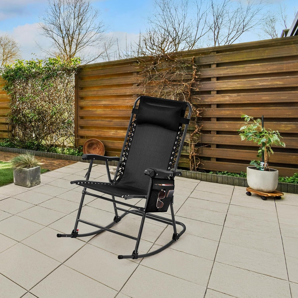 Yaheetech Patio Rocking Chair Folding Camping Chair with Pocket, Black