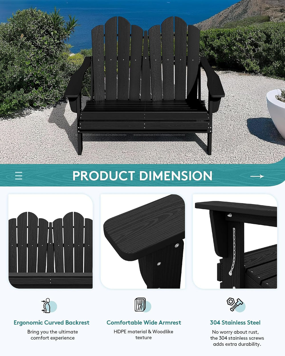 SERWALL Folding Adirondack Bench, HDPE Outdoor Bench, 660lbs Cap, Black