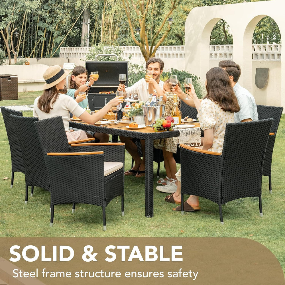 Devoko 9 PCS Acacia Wood Patio Dining Set, Black Rattan