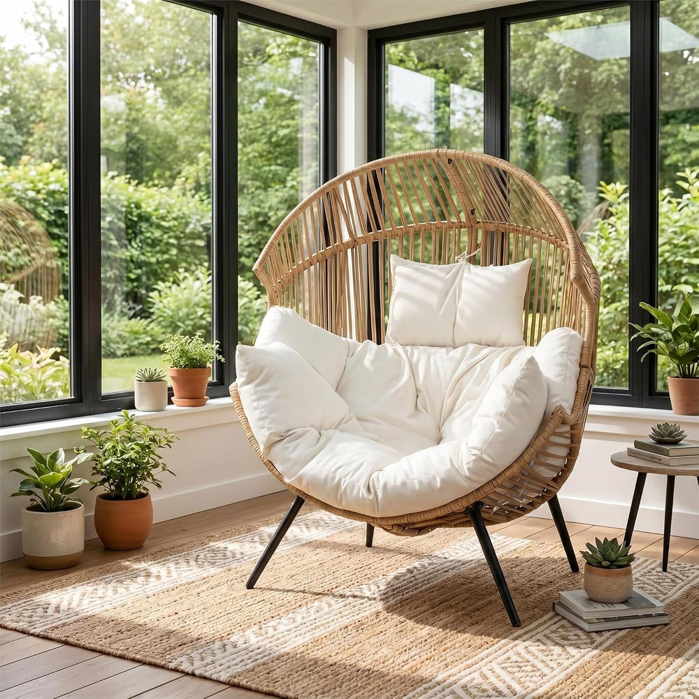 Oversized Outdoor Wicker Egg Chair Set of 2, Patio Lounge Chair Basket Seat w...
