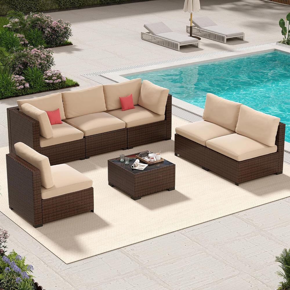 LHBcraft 7 Piece Outside Sectional Furniture Set, All Weather Wicker Patio So...