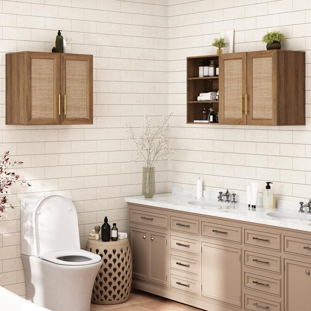 RUSTOWN 63.2" Rattan Laundry Room Cabinets, Large Wall Cabinet for Kitchen