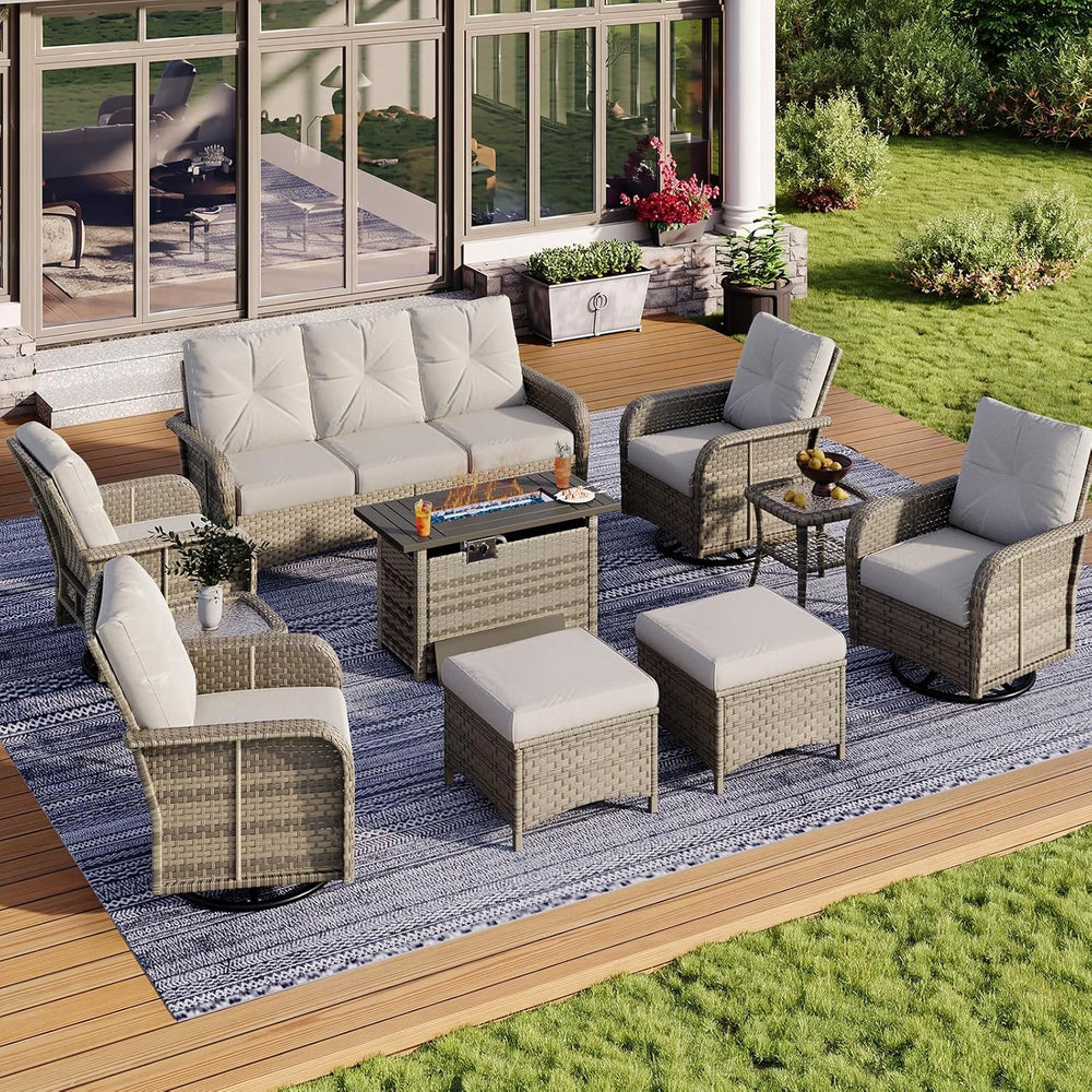 Aoxun 10-Piece Wicker Rattan Patio Furniture Set with 44" Fire Pit Table