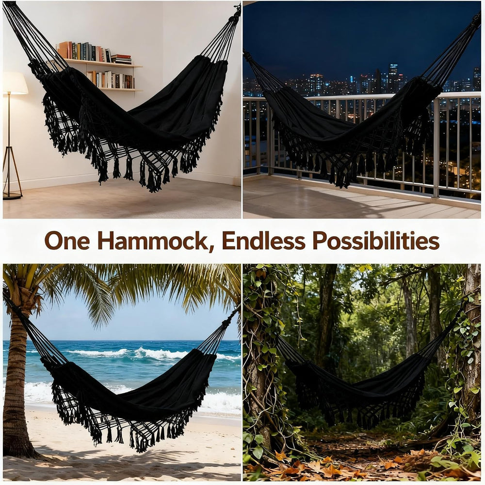 Goutime Double Hammock,Macrame Boho Portable Camping Tree Hammock,Black