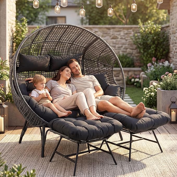 NICESOUL Indoor Outdoor Double Egg Chair with Footrest Padded Cushion, Oversi...