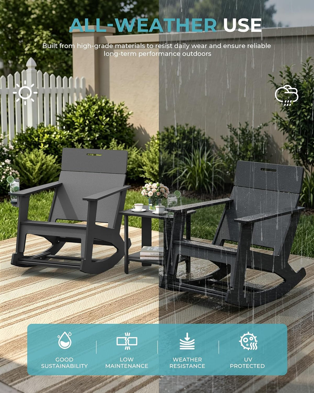 Outdoor Rocking Chair, HDPE Patio Porch Rocker with Ottoman, Grey