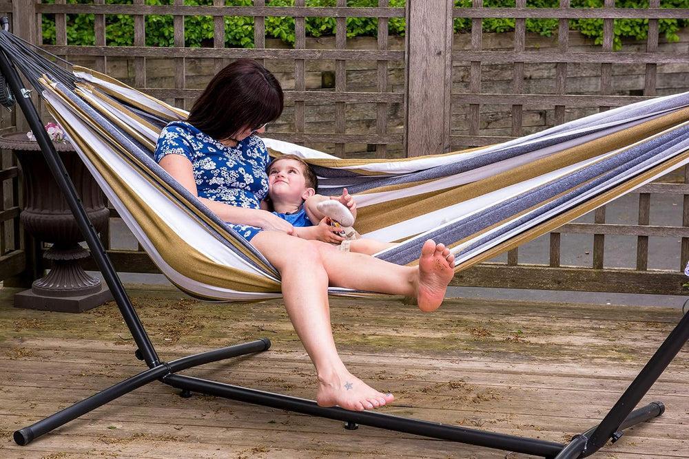 Vivere Double Cotton Hammock with Space Saving Steel Stand, Upgraded Polyeste...