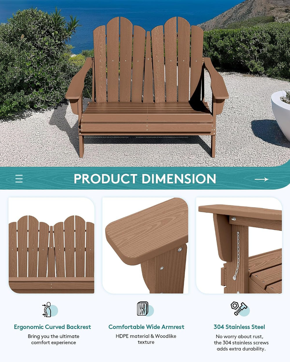 SERWALL Folding Adirondack Bench, HDPE Outdoor Bench, 660lbs Cap, Brown