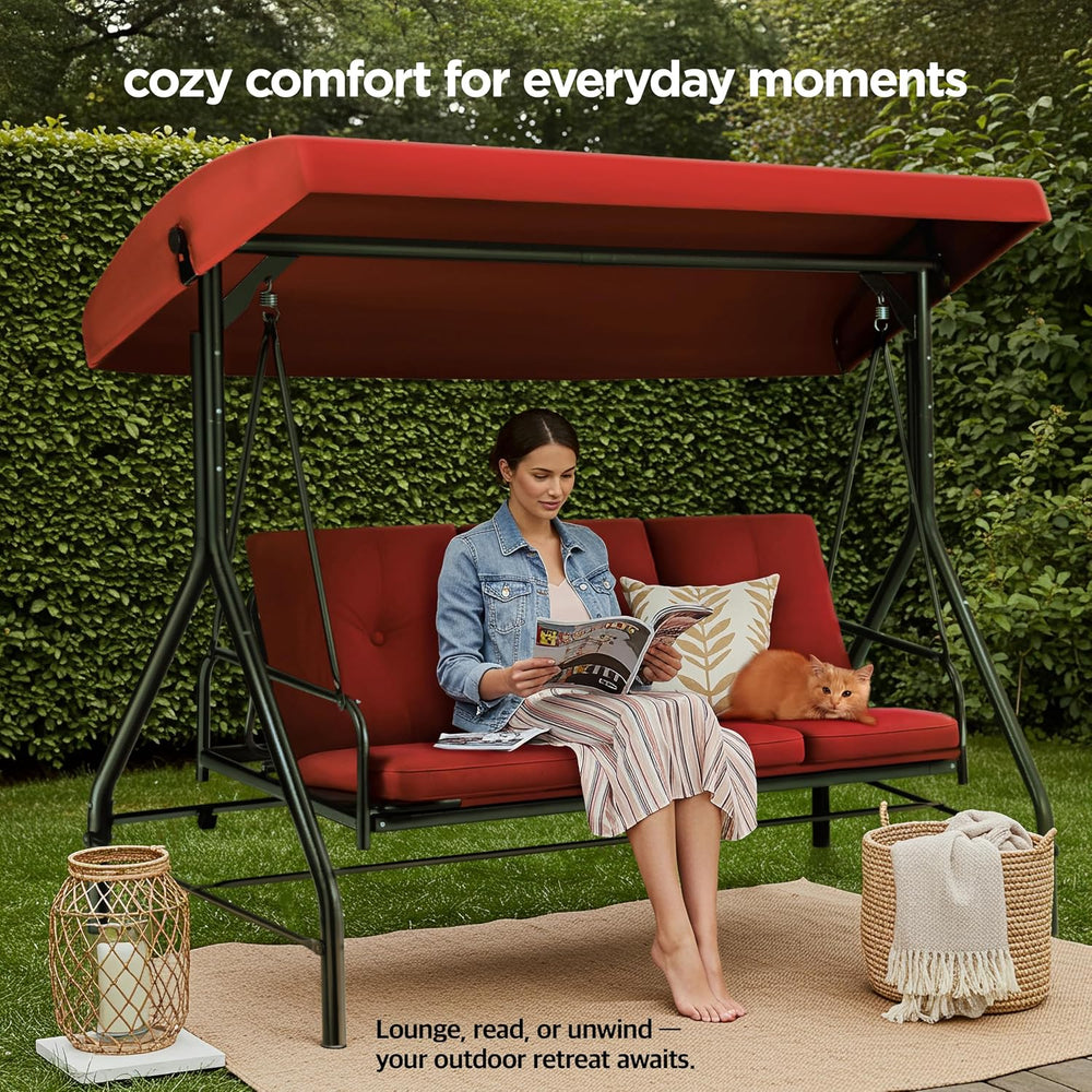 3 Seat Outdoor Patio Swing with Canopy, Convertible Glider Bed, Cushions