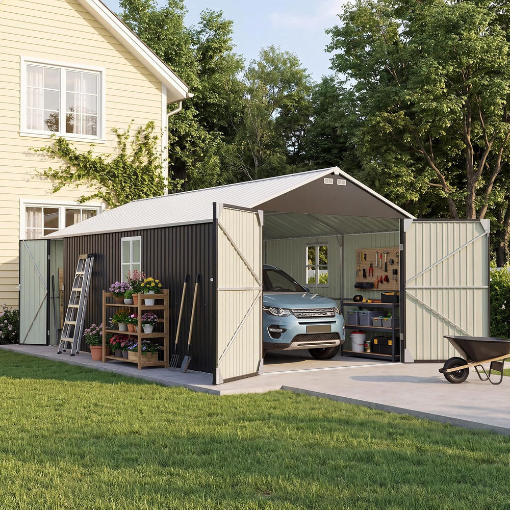 Greesum 12x20FT Heavy Duty Metal Garage with Side Door, Black