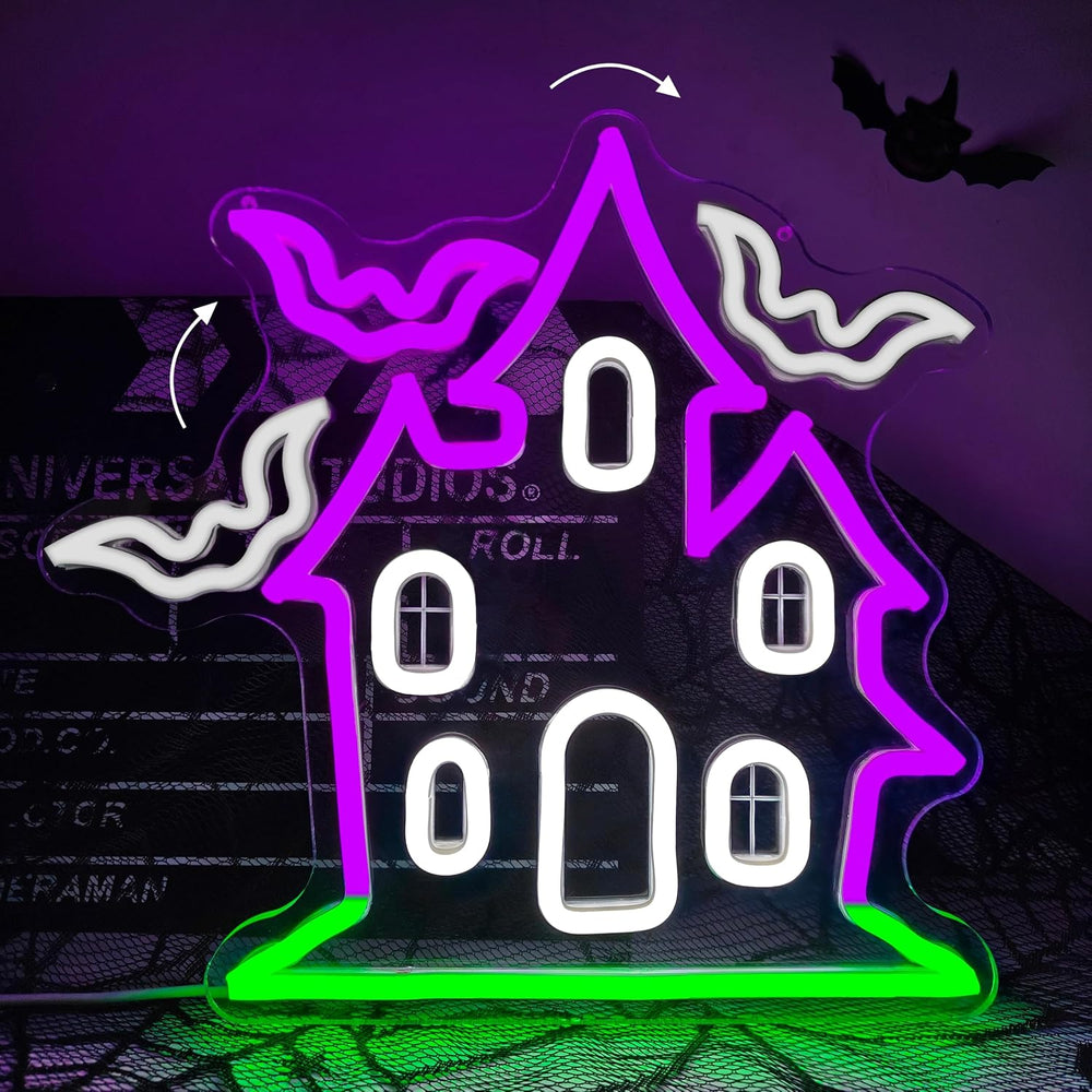 Haunted House with Flying Bat Halloween Neon Sign Dimmable Led Wall Decor