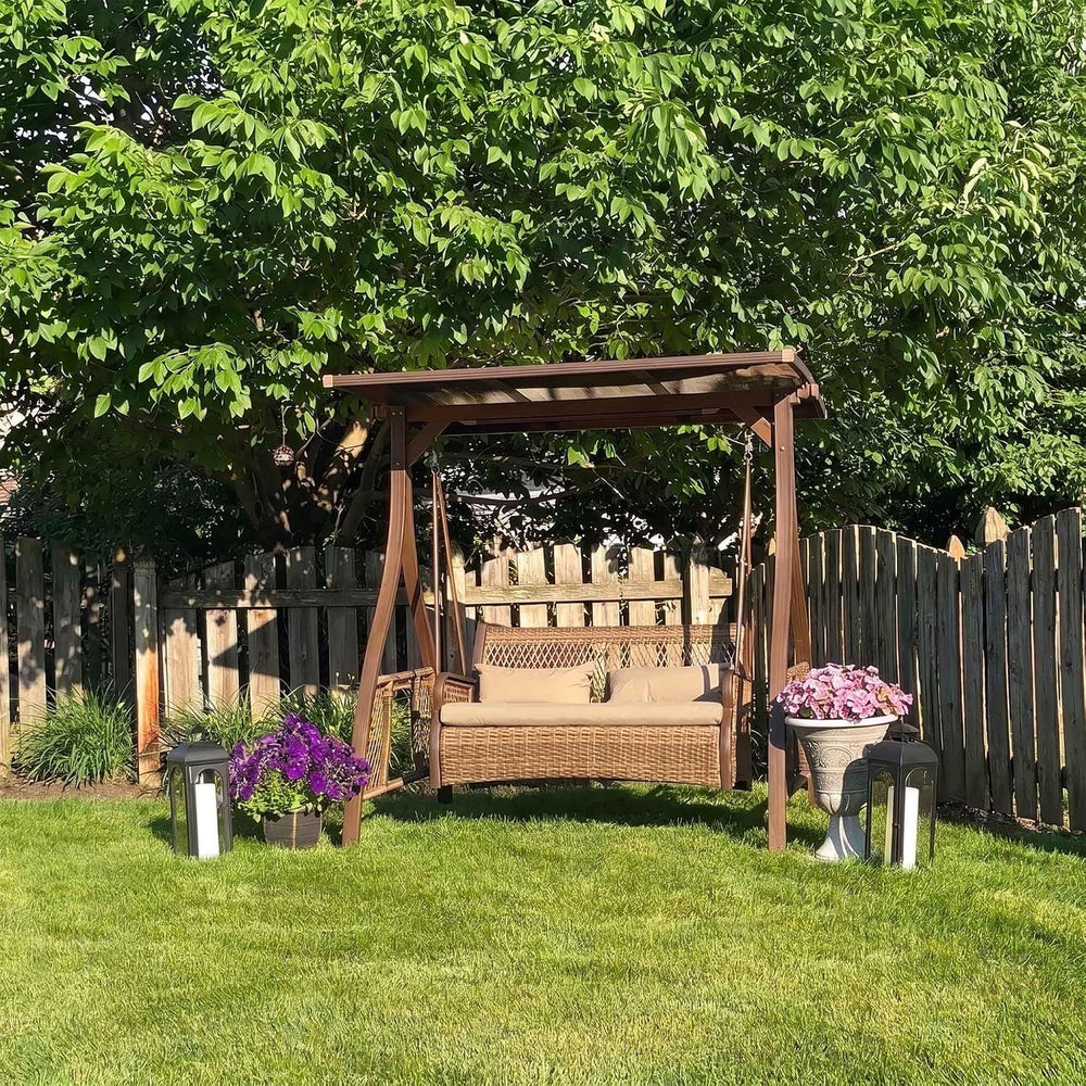 PURPLE LEAF Wicker Porch Swing 2 Person with PVC Canopy and Solar LED Light