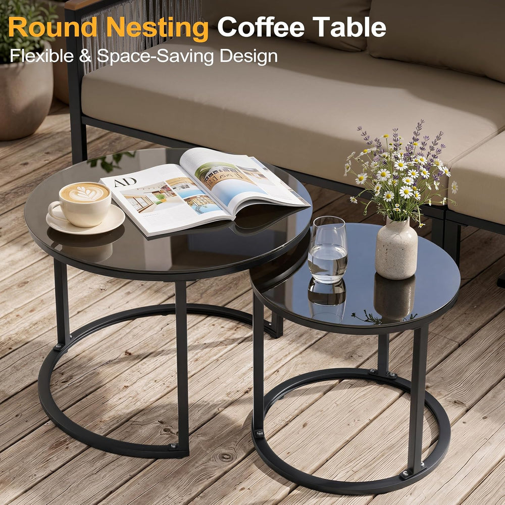 7 Piece L-Shaped Outdoor Sectional Wicker Sofa with Nesting Coffee Table
