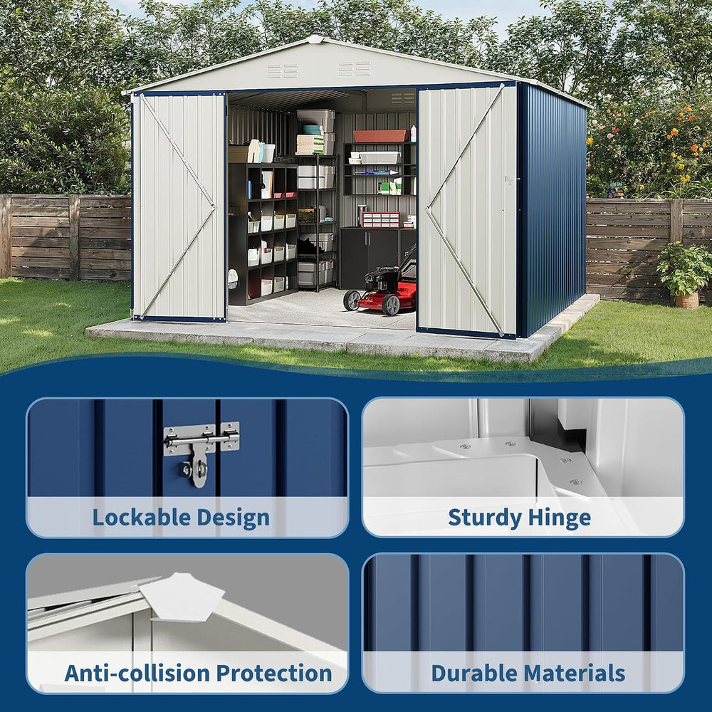 Garvee 10x10 FT Metal Storage Shed – Lockable Doors, Floor Frame, Blue