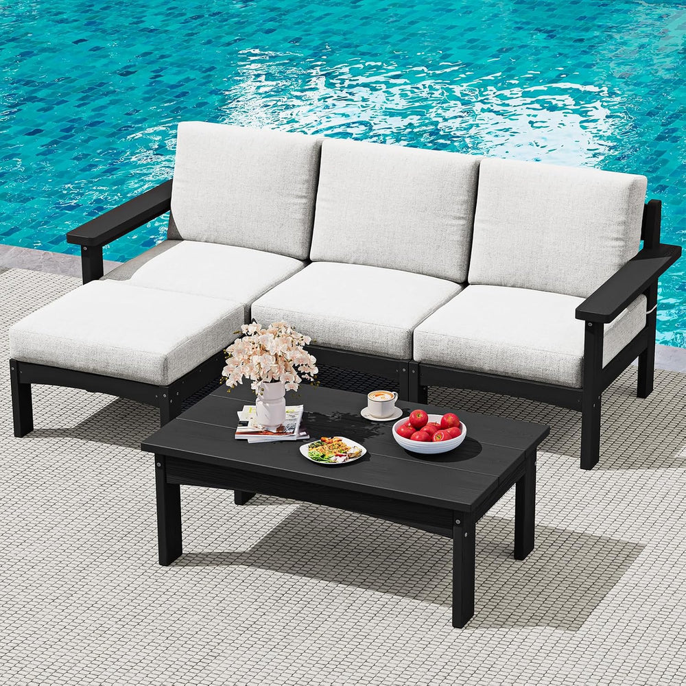 SERWALL 5 Piece HDPE Patio Sofas Set with Ottoman and Coffee Table, Black