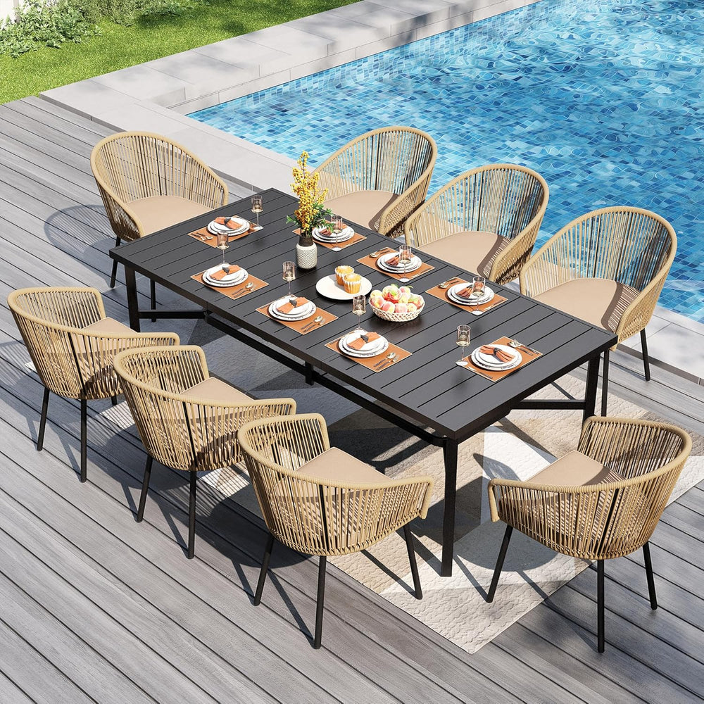 PHI VILLA 9pc Outdoor Dining Set, 83" Rectangle Table & 8 Rattan Chairs