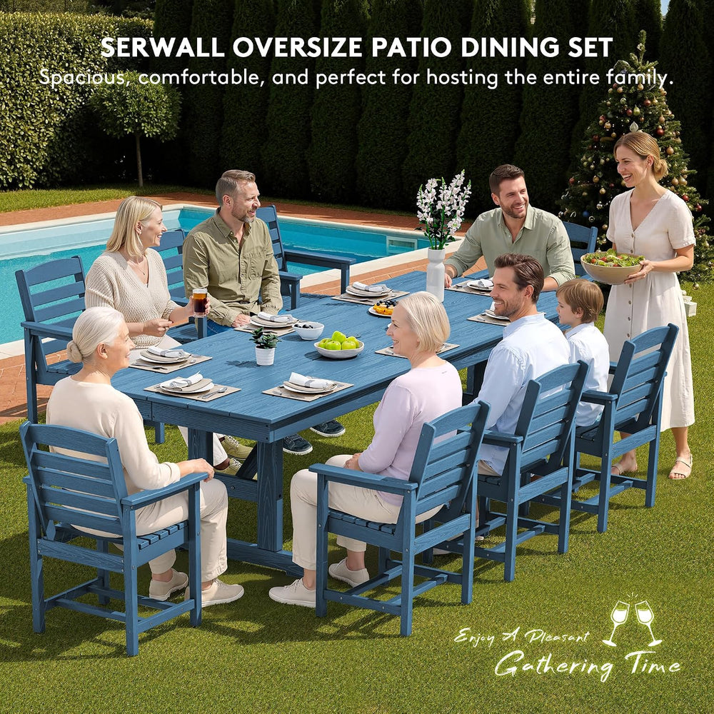 SERWALL 10Pcs 84" HDPE Outdoor Dining Set w/Armchairs & Umbrella,Blue
