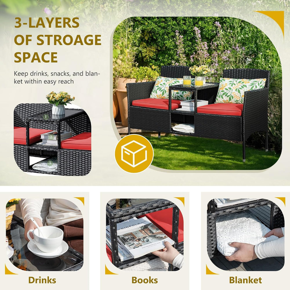 Flamaker Outdoor Furniture Patio Loveseat Wicker 2-Seat Porch Chairs Red