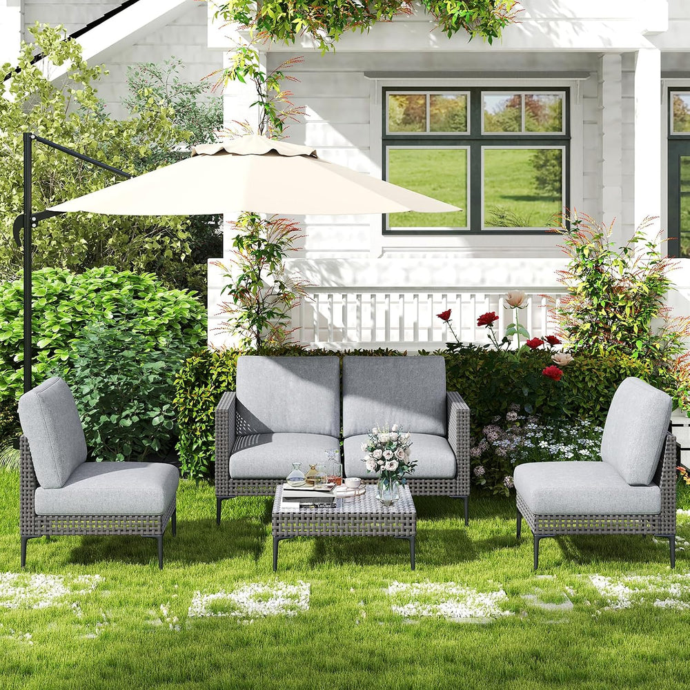 Outdoor Patio Sofa Conversation Set–Rattan 4 Seats Comfortable Couch