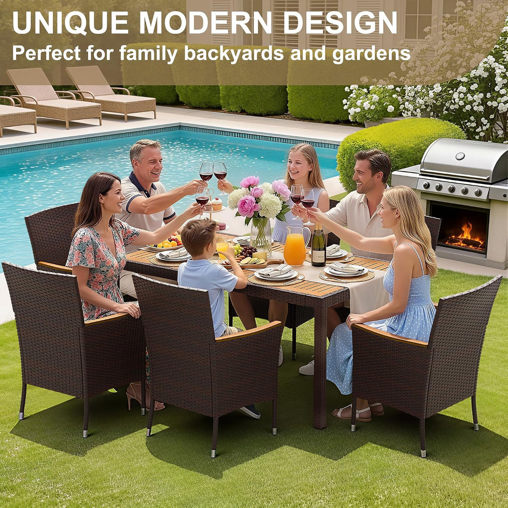Devoko 7 PCS Acacia Wood Patio Dining Set, Brown Rattan