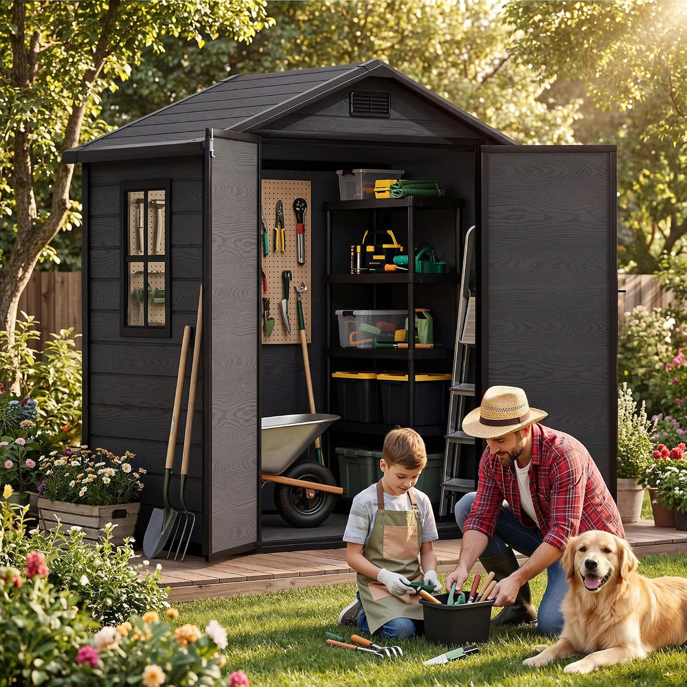 DWVO 6x4FT Resin Outdoor Storage Shed with Reinforced Floor, Window&Vent