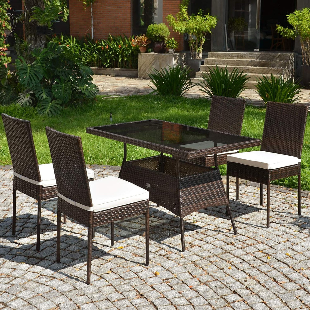 Tangkula 5 Piece Patio Wicker Dining Set, Outdoor Rattan Table and Chairs wit...
