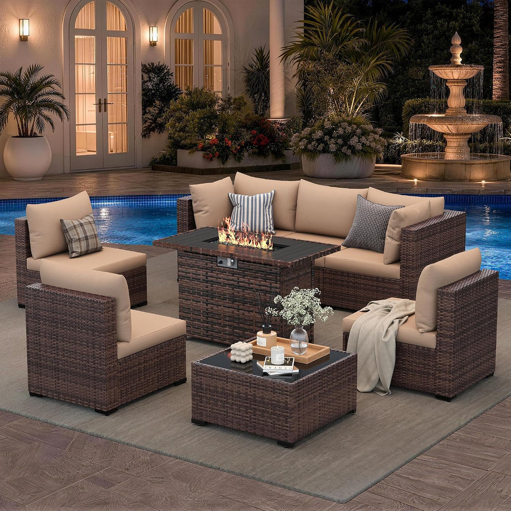 UDPATIO Patio Furniture Set with Fire Pit Table, 8-Piece Wicker Patio Set